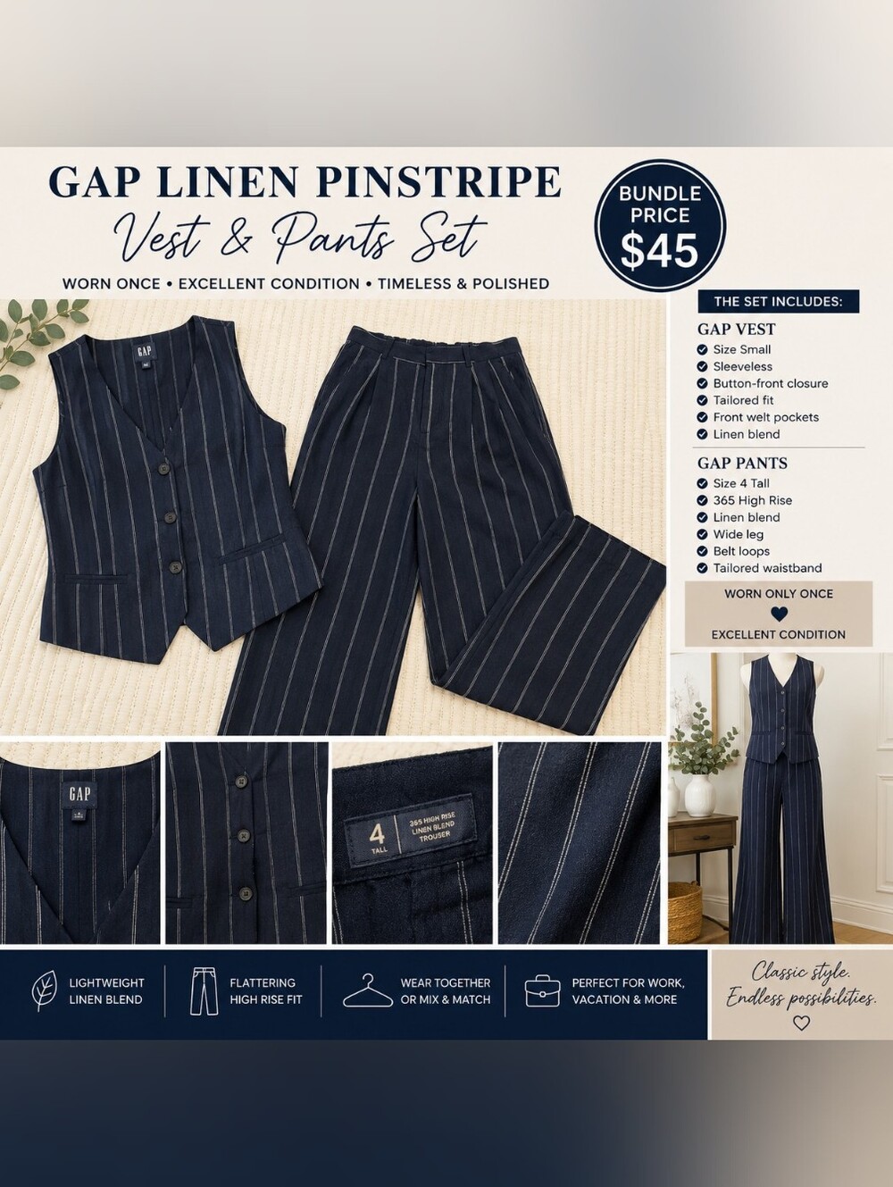 GAP Navy Linen Pinstripe Vest & Pants Set | Small Vest + 4 Tall Pants
